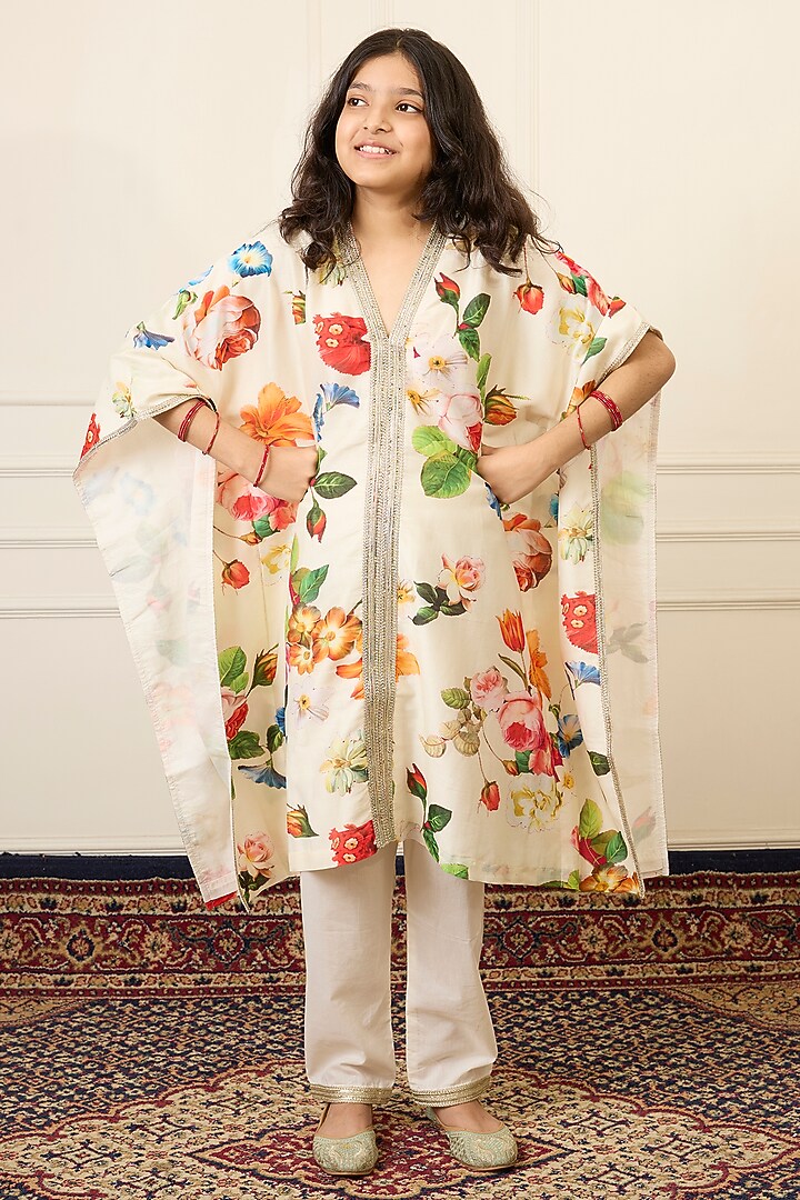 Multi-Colored Handwoven Chanderi Printed Kaftan Set For Girls by Mamma Plz at Pernia's Pop Up Shop