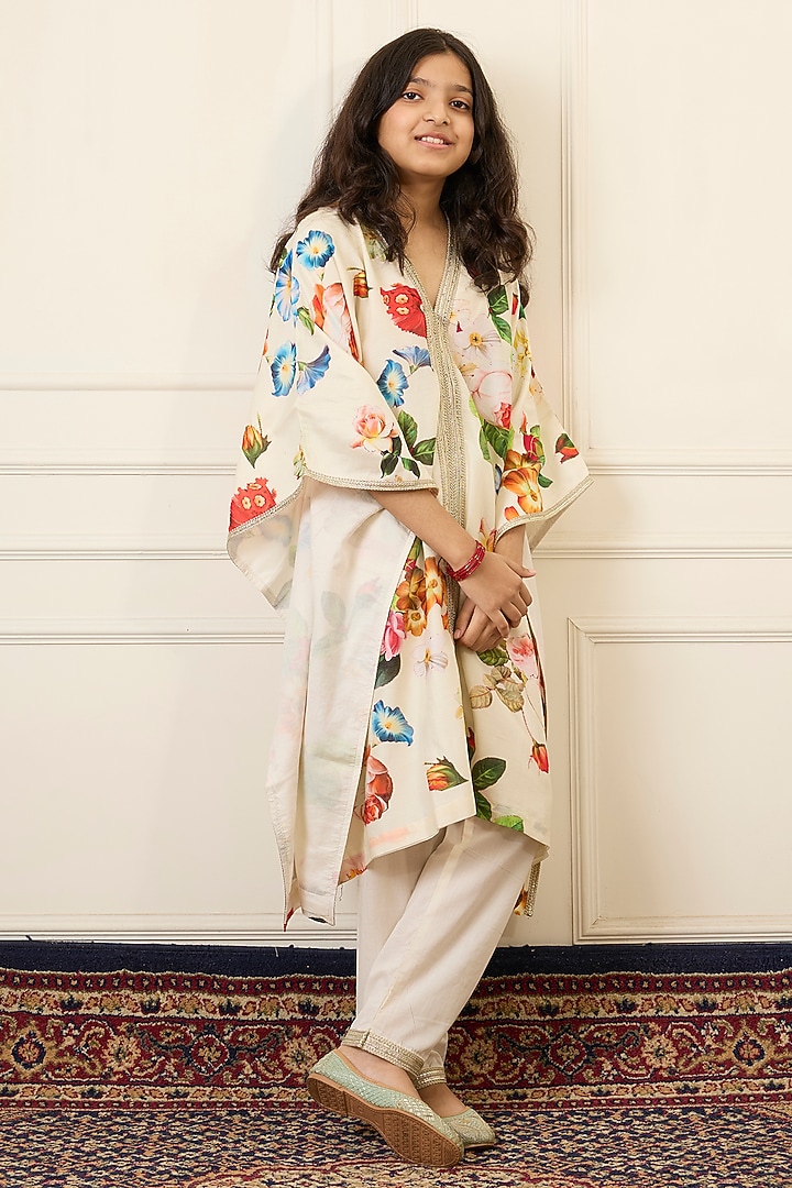 Multi-Colored Handwoven Chanderi Printed Kaftan Set For Girls by Mamma Plz at Pernia's Pop Up Shop