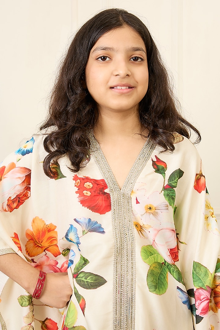 Multi-Colored Handwoven Chanderi Printed Kaftan Set For Girls by Mamma Plz at Pernia's Pop Up Shop