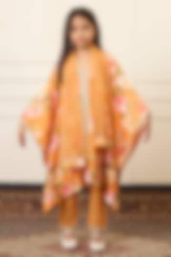 Yellow Handwoven Chanderi Printed Kaftan Set For Girls by Mamma Plz at Pernia's Pop Up Shop