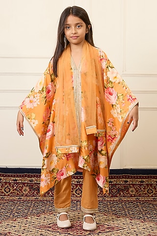 Yellow Handwoven Chanderi Printed Kaftan Set For Girls by Mamma Plz