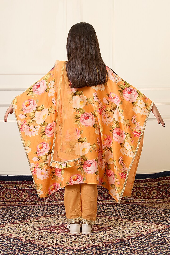 Yellow Handwoven Chanderi Printed Kaftan Set For Girls by Mamma Plz at Pernia's Pop Up Shop
