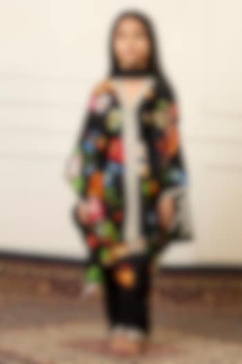 Black Handwoven Chanderi Printed Kaftan Set For Girls by Mamma Plz at Pernia's Pop Up Shop