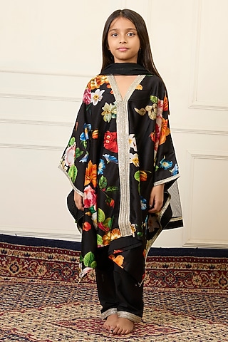 Black Handwoven Chanderi Printed Kaftan Set For Girls by Mamma Plz