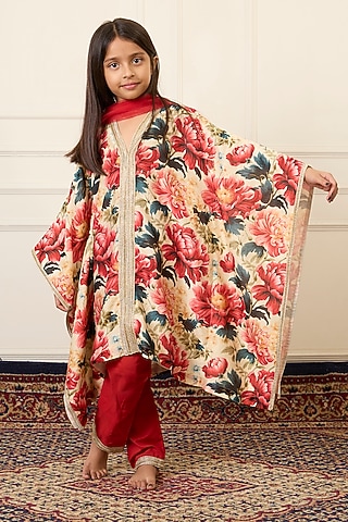 Maroon Handwoven Chanderi Printed Kaftan Set For Girls by Mamma Plz
