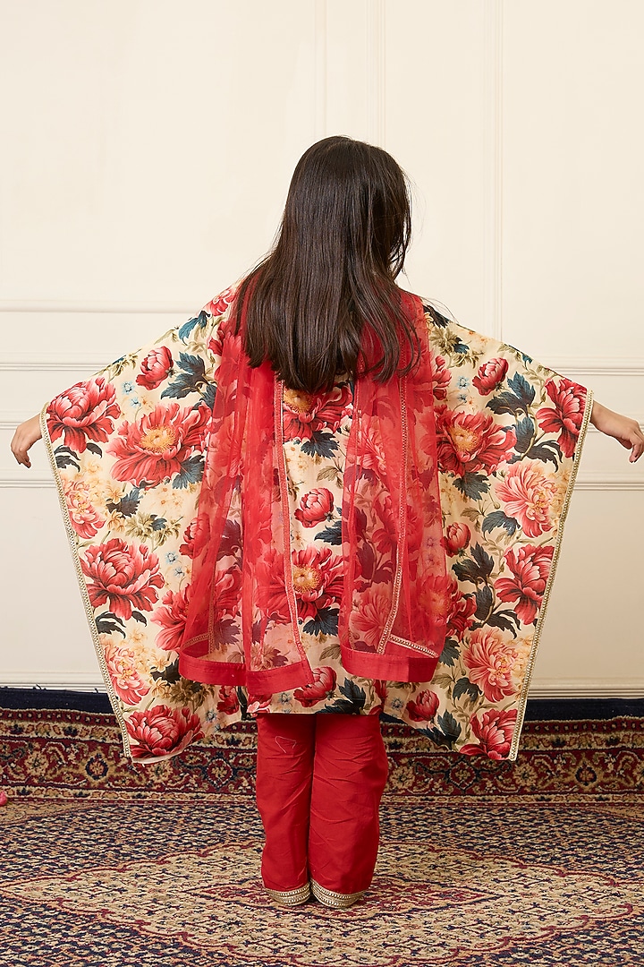 Maroon Handwoven Chanderi Printed Kaftan Set For Girls by Mamma Plz at Pernia's Pop Up Shop