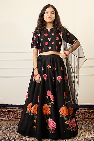 Black Handwoven Chanderi Printed Lehenga Set For Girls by Mamma Plz