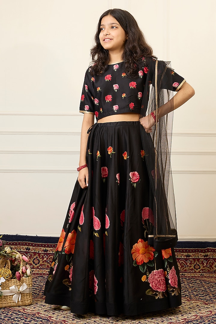Black Handwoven Chanderi Printed Lehenga Set For Girls by Mamma Plz at Pernia's Pop Up Shop