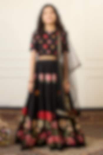 Black Handwoven Chanderi Printed Lehenga Set For Girls by Mamma Plz at Pernia's Pop Up Shop