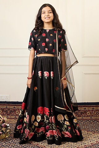 Black Handwoven Chanderi Printed Lehenga Set For Girls by Mamma Plz
