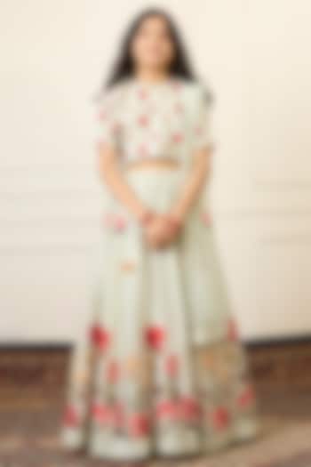 Mint Green Handwoven Chanderi Printed Lehenga Set For Girls by Mamma Plz at Pernia's Pop Up Shop