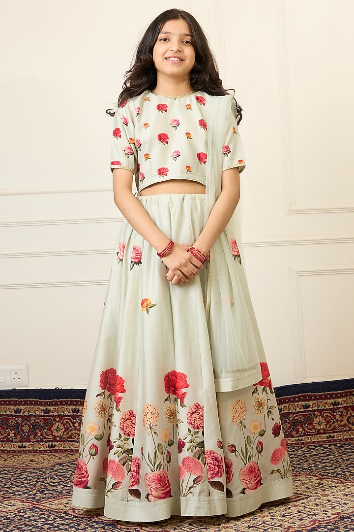 Mint Green Handwoven Chanderi Printed Lehenga Set For Girls by Mamma Plz at Pernia's Pop Up Shop