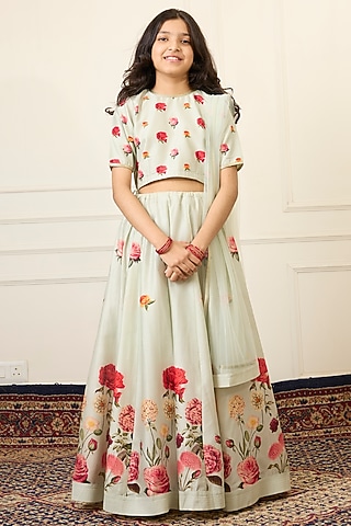 Mint Green Handwoven Chanderi Printed Lehenga Set For Girls by Mamma Plz