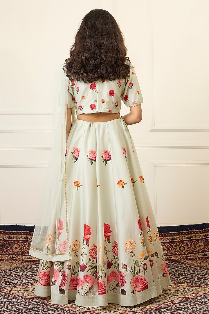 Mint Green Handwoven Chanderi Printed Lehenga Set For Girls by Mamma Plz at Pernia's Pop Up Shop