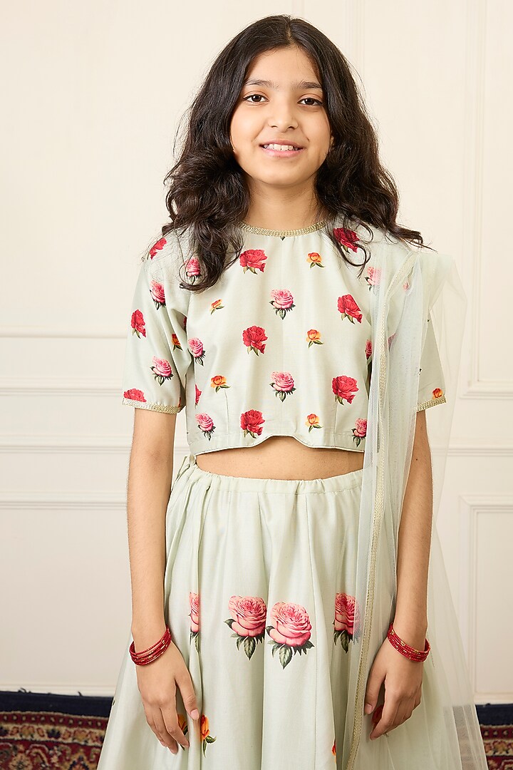 Mint Green Handwoven Chanderi Printed Lehenga Set For Girls by Mamma Plz at Pernia's Pop Up Shop