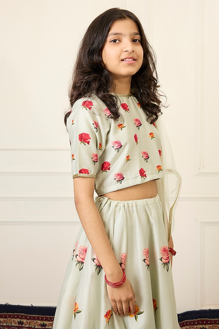 Mint Green Handwoven Chanderi Printed Lehenga Set For Girls by Mamma Plz at Pernia's Pop Up Shop