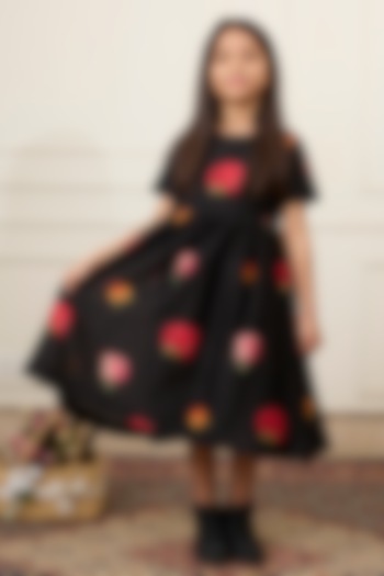 Black Handwoven Chanderi Printed Dress For Girls by Mamma Plz at Pernia's Pop Up Shop