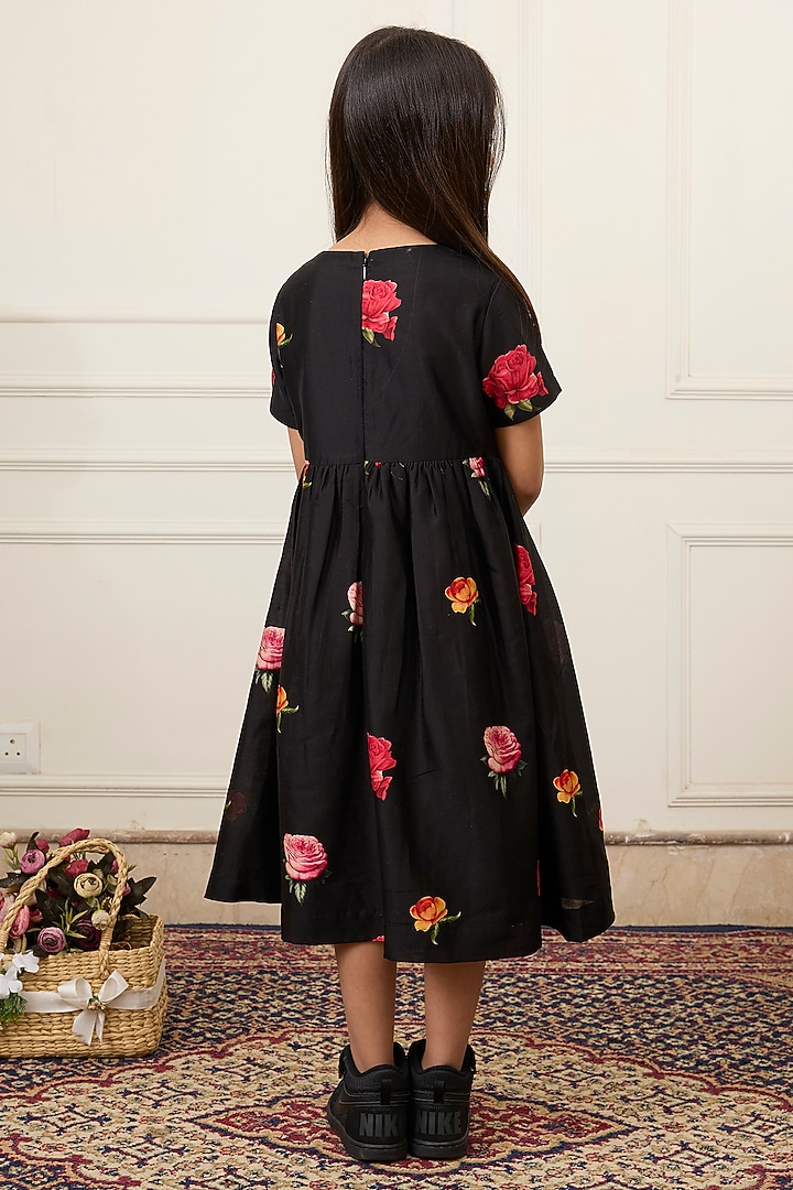 Black Handwoven Chanderi Printed Dress For Girls by Mamma Plz at Pernia's Pop Up Shop