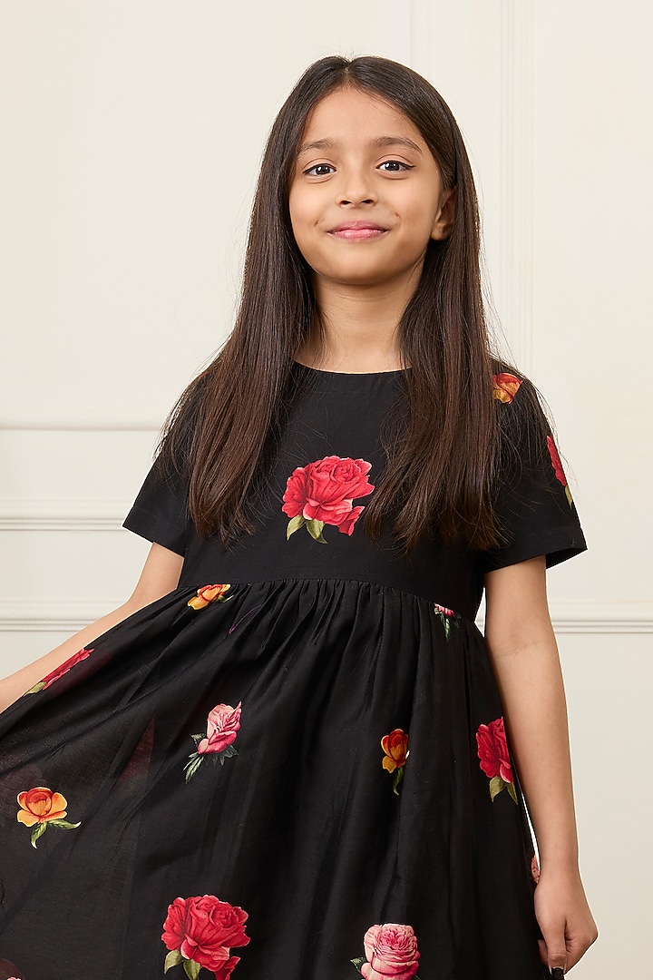 Black Handwoven Chanderi Printed Dress For Girls by Mamma Plz at Pernia's Pop Up Shop