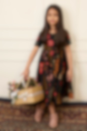 Black Handwoven Chanderi Printed Dress For Girls by Mamma Plz at Pernia's Pop Up Shop
