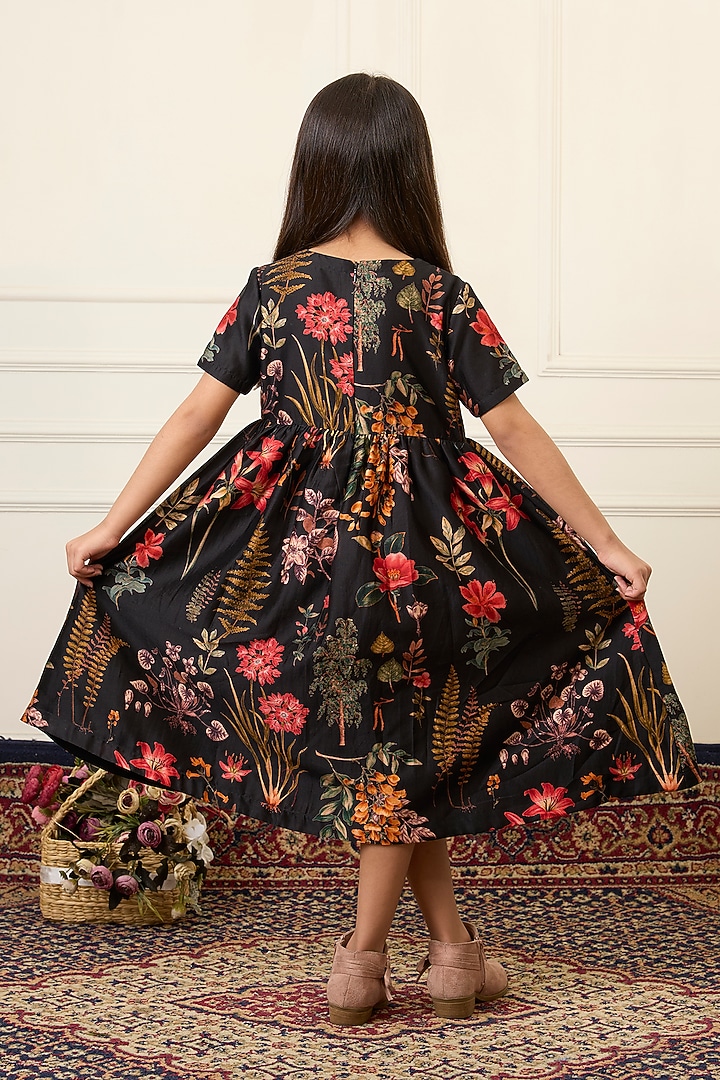 Black Handwoven Chanderi Printed Dress For Girls by Mamma Plz at Pernia's Pop Up Shop
