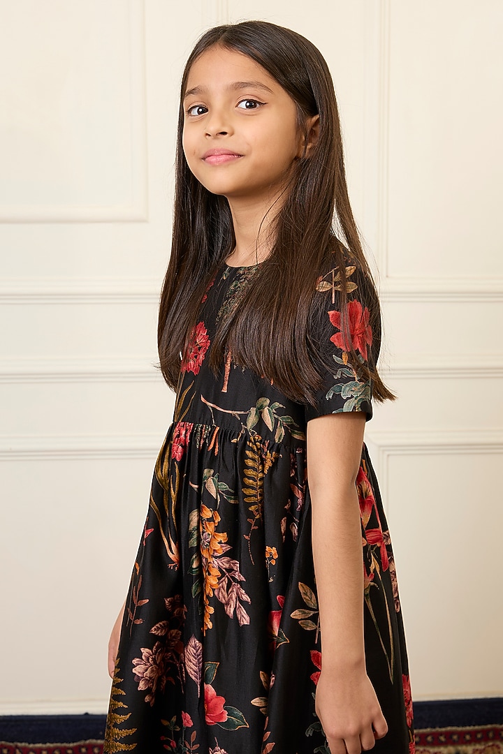Black Handwoven Chanderi Printed Dress For Girls by Mamma Plz at Pernia's Pop Up Shop