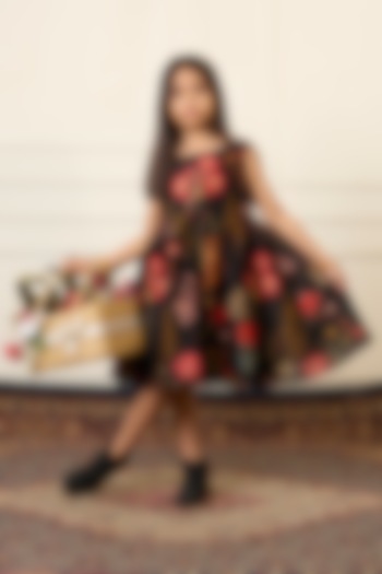 Black Handwoven Chanderi Printed Dress For Girls by Mamma Plz at Pernia's Pop Up Shop