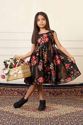 Black Handwoven Chanderi Printed Dress For Girls by Mamma Plz