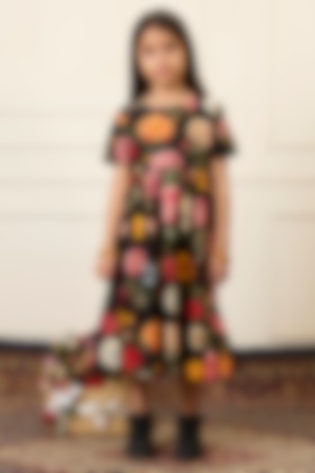 Black Handwoven Chanderi Printed Dress For Girls by Mamma Plz at Pernia's Pop Up Shop