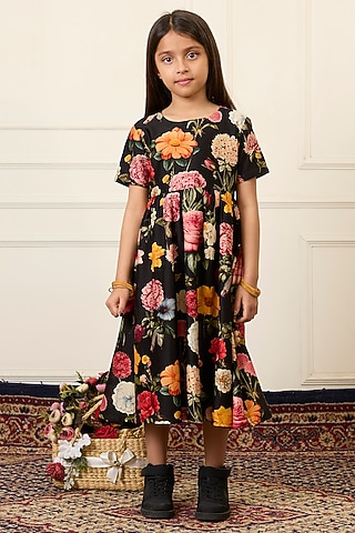Black Handwoven Chanderi Printed Dress For Girls by Mamma Plz