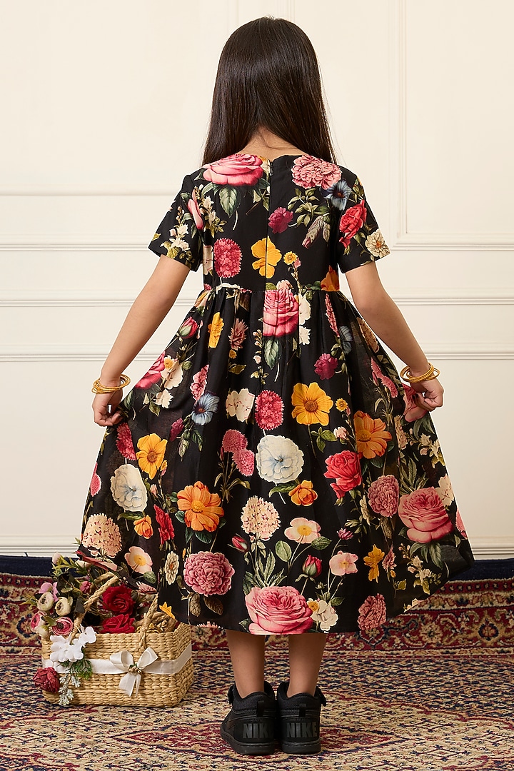 Black Handwoven Chanderi Printed Dress For Girls by Mamma Plz at Pernia's Pop Up Shop