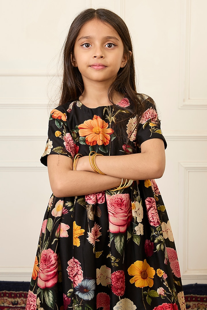 Black Handwoven Chanderi Printed Dress For Girls by Mamma Plz at Pernia's Pop Up Shop