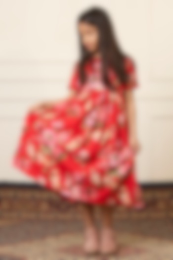 Red Handwoven Chanderi Printed Dress For Girls by Mamma Plz at Pernia's Pop Up Shop