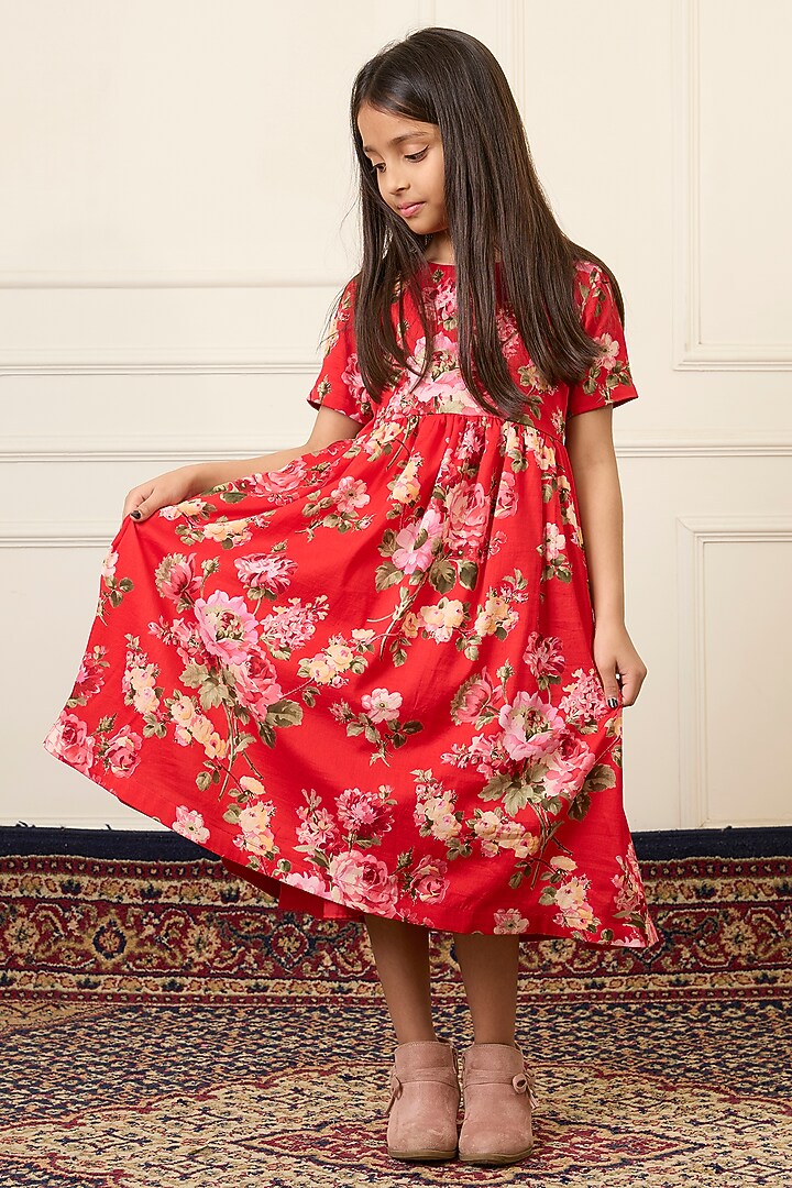 Red Handwoven Chanderi Printed Dress For Girls by Mamma Plz at Pernia's Pop Up Shop