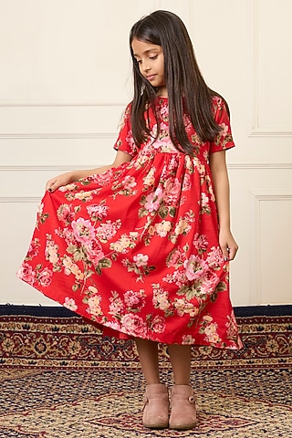 Red Handwoven Chanderi Printed Dress For Girls by Mamma Plz
