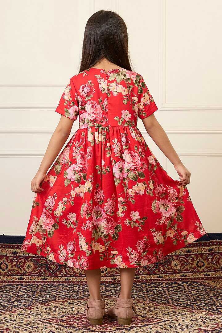 Red Handwoven Chanderi Printed Dress For Girls by Mamma Plz at Pernia's Pop Up Shop