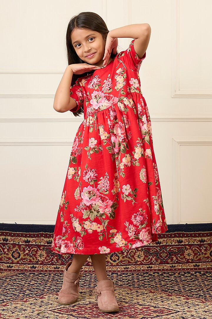 Red Handwoven Chanderi Printed Dress For Girls by Mamma Plz at Pernia's Pop Up Shop