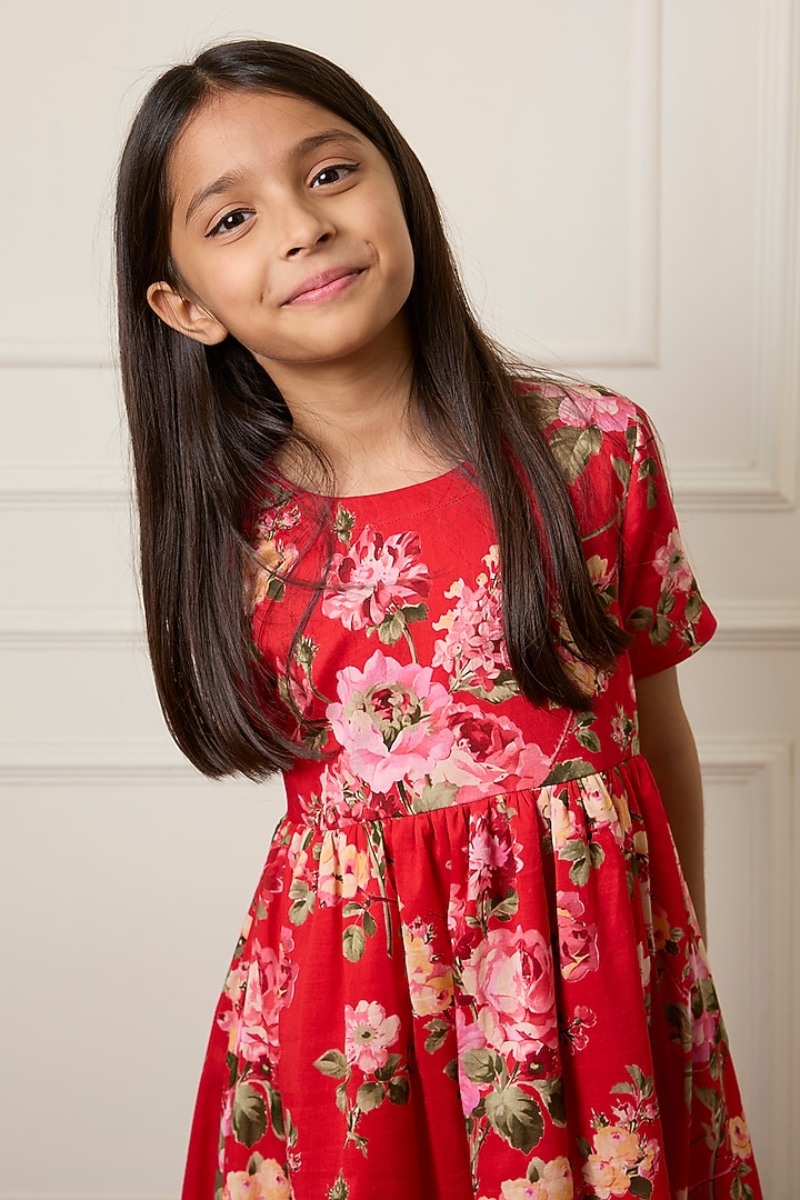 Red Handwoven Chanderi Printed Dress For Girls by Mamma Plz at Pernia's Pop Up Shop
