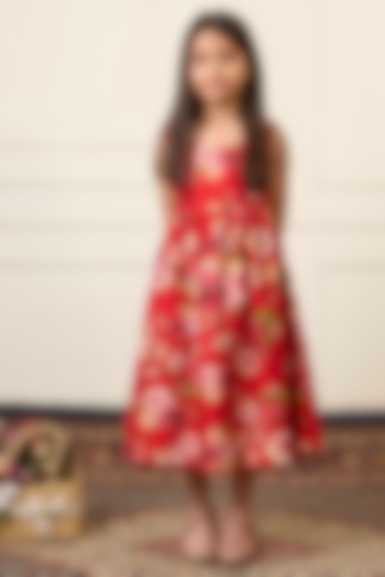 Red Handwoven Chanderi Printed Dress For Girls by Mamma Plz at Pernia's Pop Up Shop