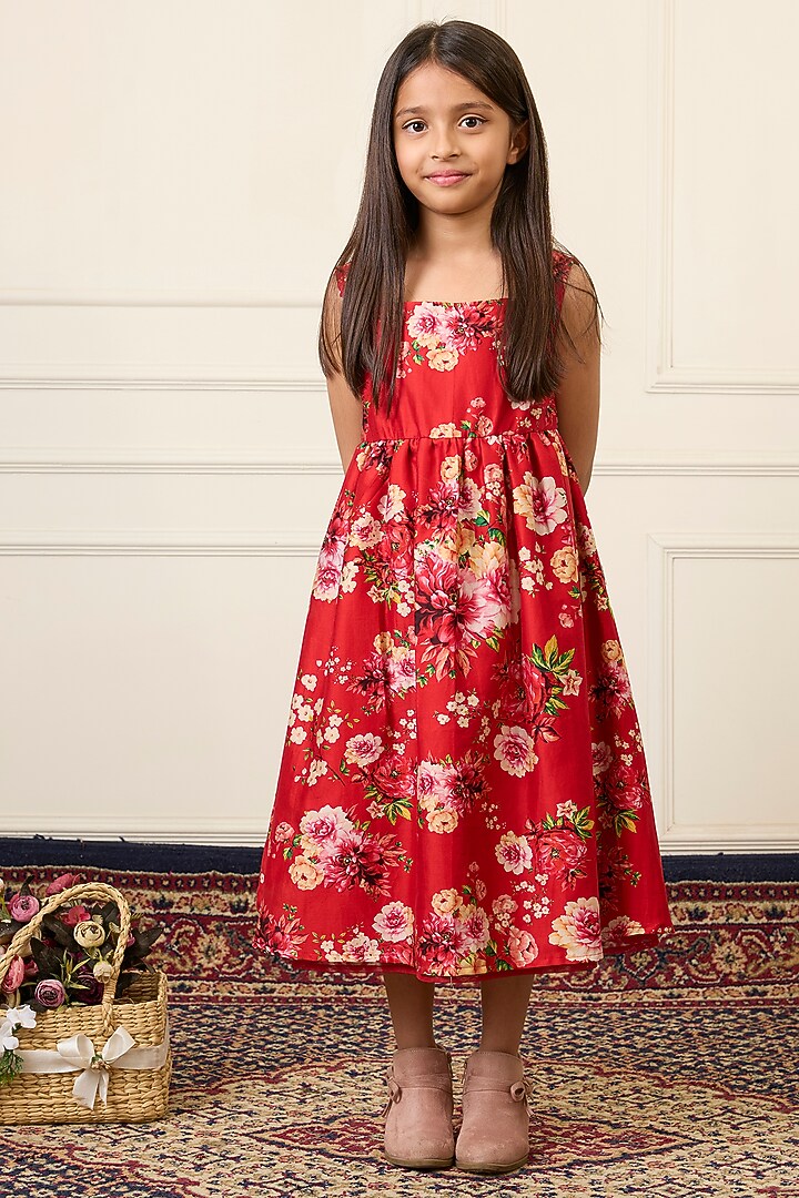 Red Handwoven Chanderi Printed Dress For Girls by Mamma Plz at Pernia's Pop Up Shop