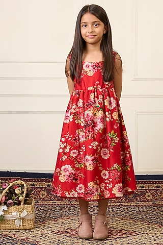 Red Handwoven Chanderi Printed Dress For Girls by Mamma Plz