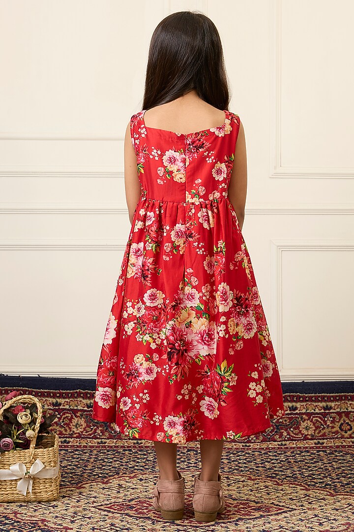 Red Handwoven Chanderi Printed Dress For Girls by Mamma Plz at Pernia's Pop Up Shop