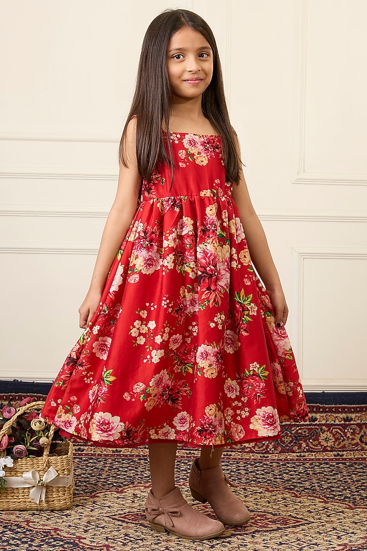 Red Handwoven Chanderi Printed Dress For Girls by Mamma Plz at Pernia's Pop Up Shop