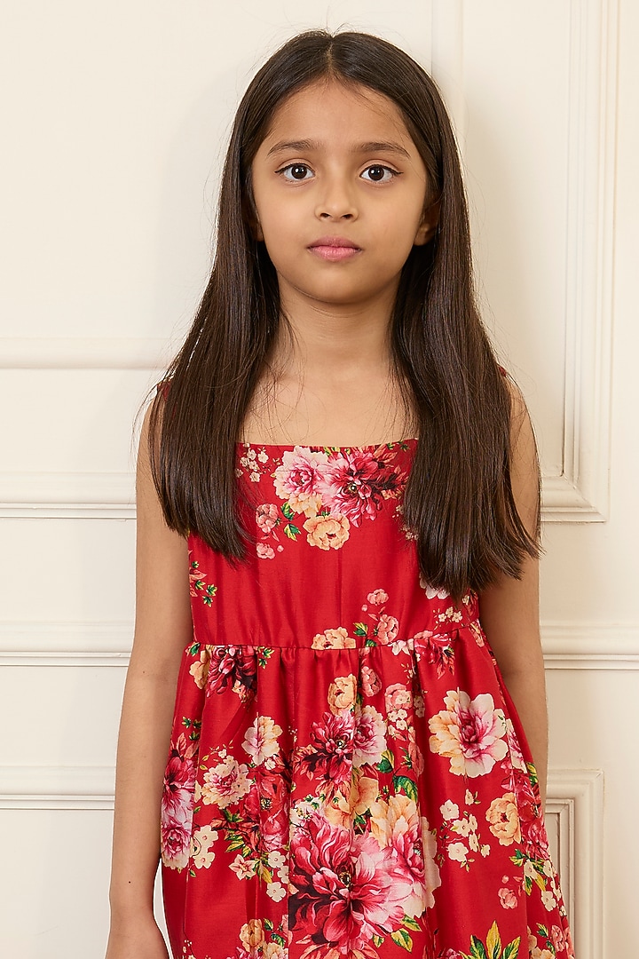 Red Handwoven Chanderi Printed Dress For Girls by Mamma Plz at Pernia's Pop Up Shop