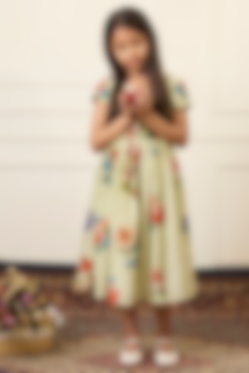 Mint Green Handwoven Chanderi Printed Dress For Girls by Mamma Plz at Pernia's Pop Up Shop