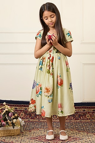 Mint Green Handwoven Chanderi Printed Dress For Girls by Mamma Plz