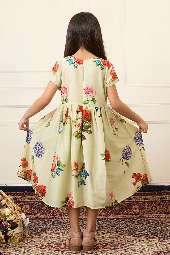 Mint Green Handwoven Chanderi Printed Dress For Girls by Mamma Plz at Pernia's Pop Up Shop