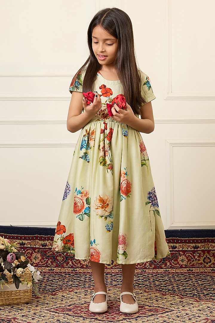 Mint Green Handwoven Chanderi Printed Dress For Girls by Mamma Plz at Pernia's Pop Up Shop