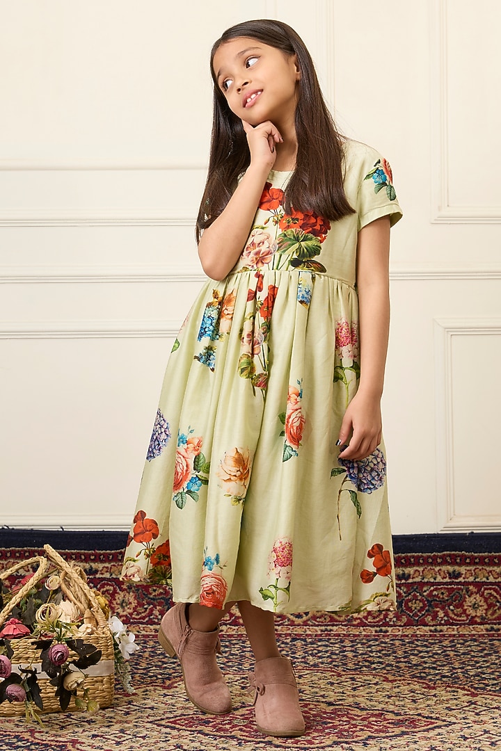 Mint Green Handwoven Chanderi Printed Dress For Girls by Mamma Plz at Pernia's Pop Up Shop