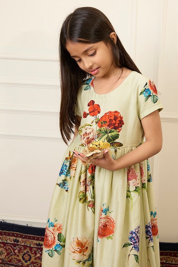 Mint Green Handwoven Chanderi Printed Dress For Girls by Mamma Plz at Pernia's Pop Up Shop